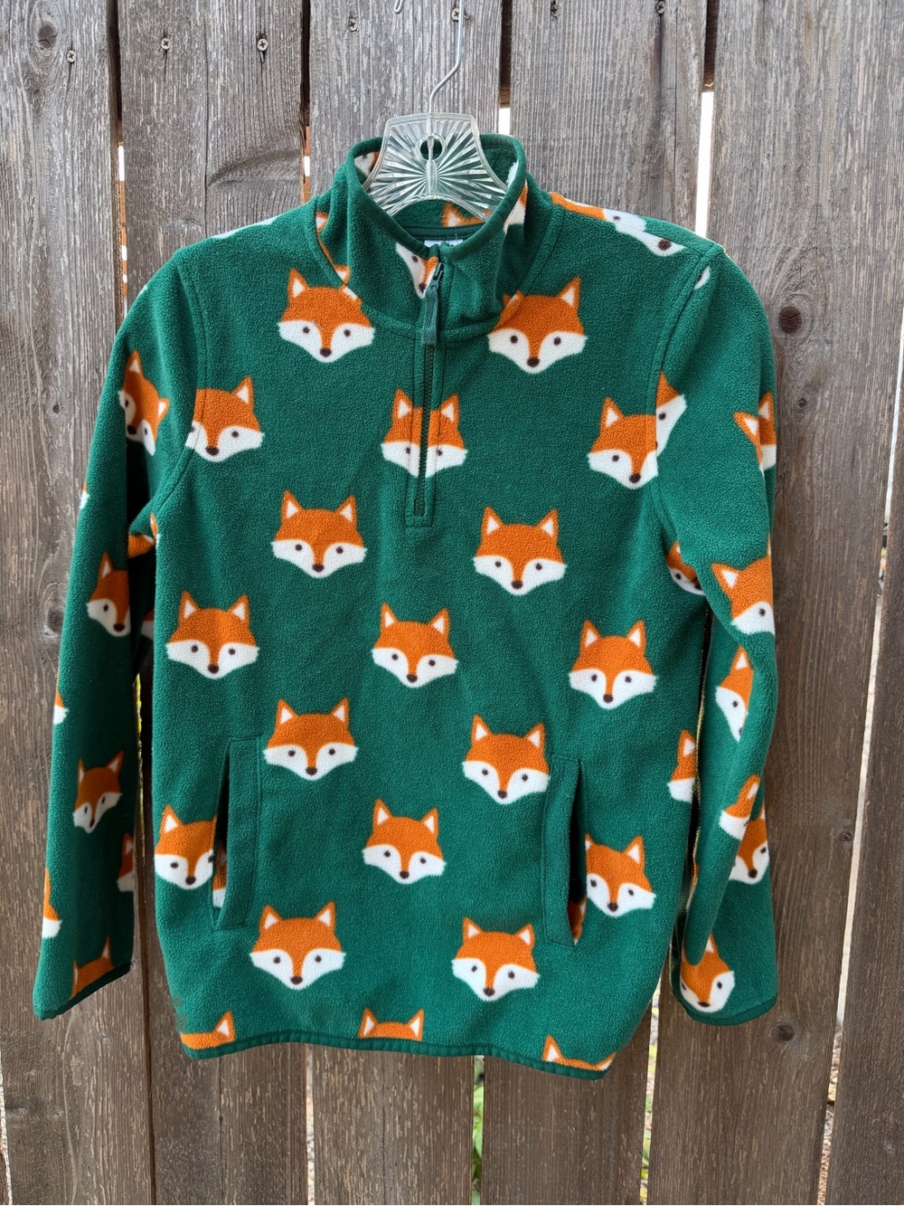 Boys 12 Gymboree Green Fleece 3/4 zip Pullover with Orange Fox Print